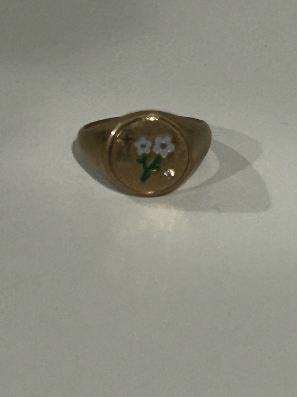 Gold Floral Signet Ring with White Flower Enamel